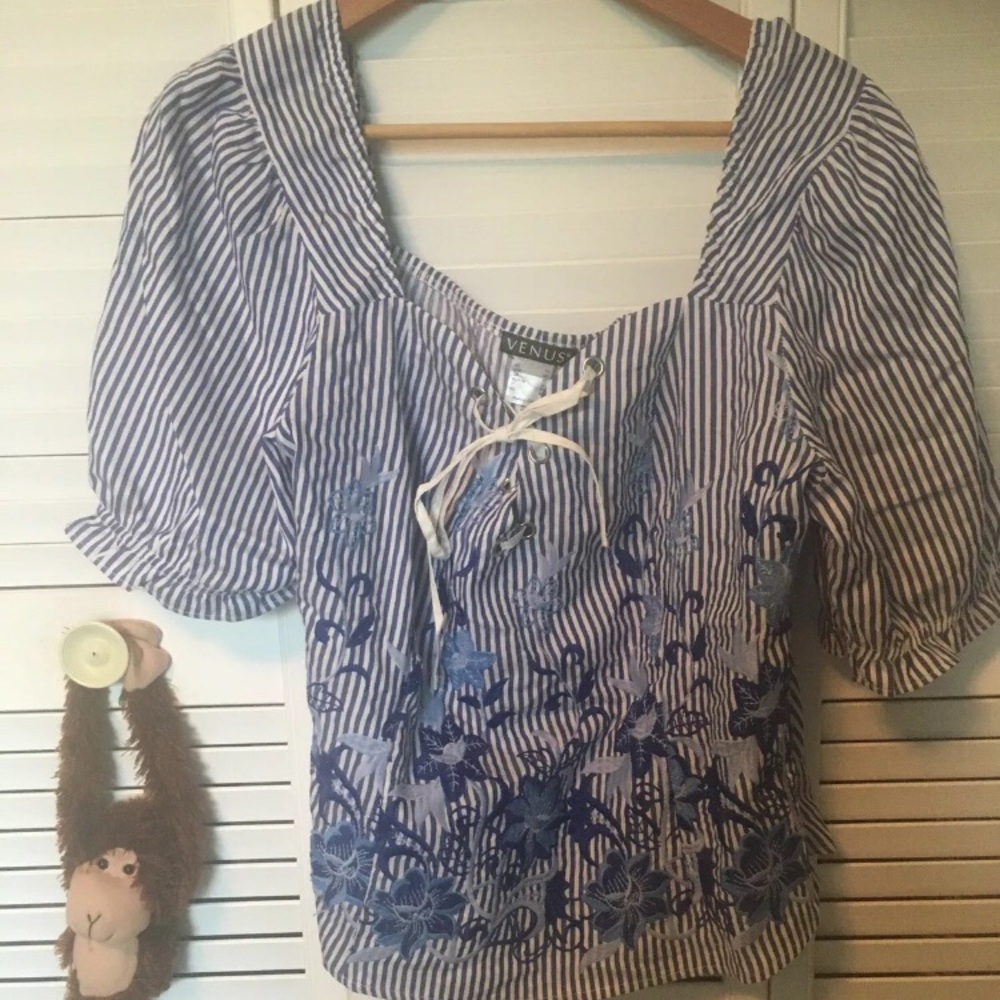 Blue & White Lace Up Peasant Blouse Top Size 18